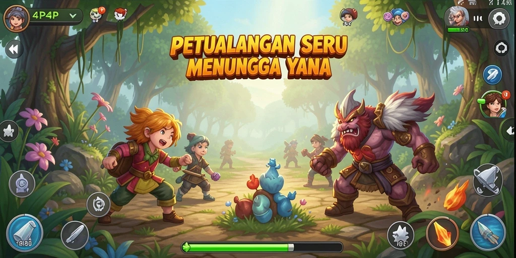 Screenshot gameplay 4P4P menunjukkan karakter beraksi di dunia petualangan.