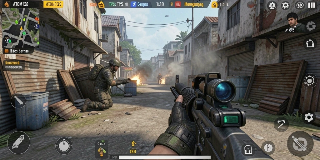 Screenshot gameplay ATOM138 menampilkan aksi seru dalam game TPS.