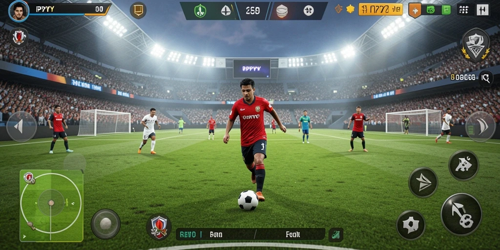 Tampilan gameplay RPYYY dengan aksi sepak bola yang mendebarkan.